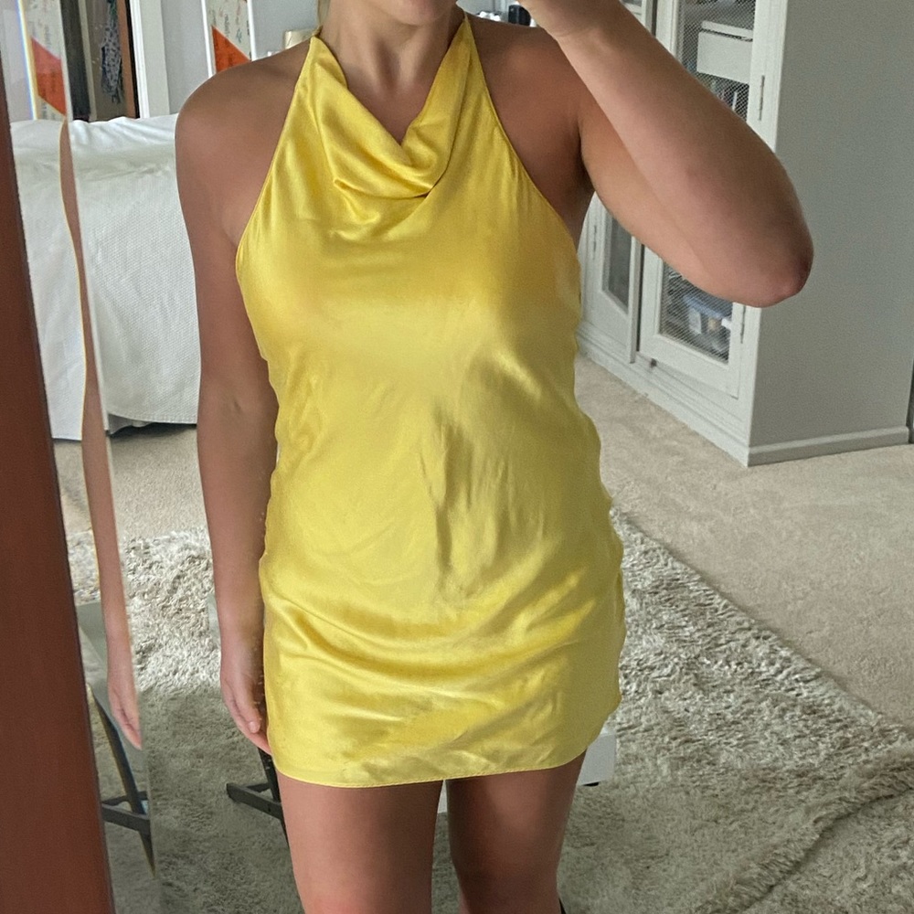 Amanda Uprichard Satin Halter Mini Dress in Yellow